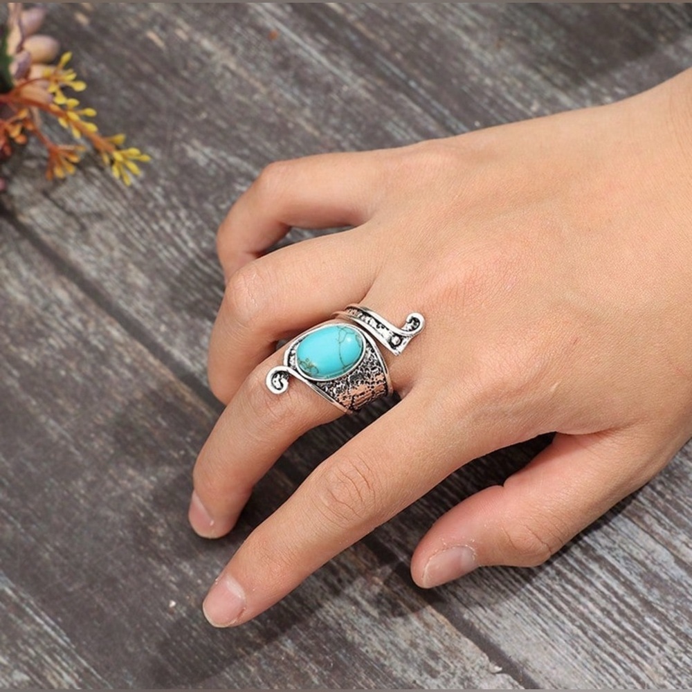 ✨NEW Boho Elegant Turquoise and Silver Women's adjustable Ring - Picture 7 of 7